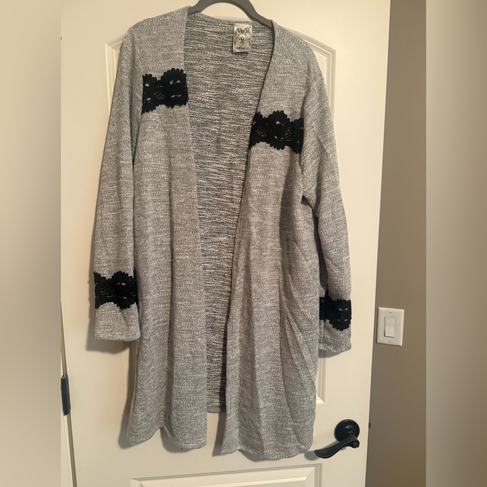 Vocal Gray Cardigan with Black Lace Details
